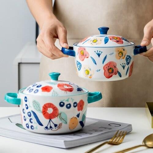 Modern housewife Japanese creative double ear noodle bowl with cover ceramic tableware salad bowl household noodle bowl soup