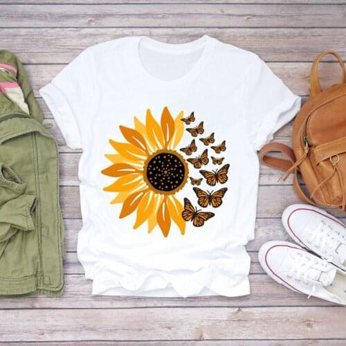 Women T-shirts Butterfly Sunflower Short Sleeve Summer Fall Ladies Print Lady Womens Stylish T Top Shirt Girl Tee T-Shirt