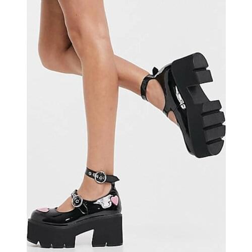 2021 Brand Buckles Platform Gothic Girls Cosplay Lolita Mary Janes Pumps Women Chunky Heart Heeled Shoes In Black Big Size 43