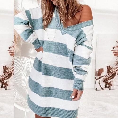 Women Striped Full Sleeve Loose Long Sweater Sexy V Neck Casual Pullover Knitted Top Autumn Ladies Elegant Oversized Streetwear