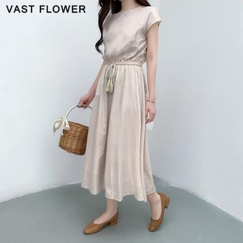 Cotton Vintage Solid Color Plus Size Women Dress Midi Summer Clothes Korean Drawstring Loose Casual Elegant Ladies Dresses 2021