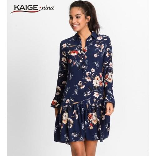 KaigeNina New Fashion Hot Sale Women Prairie Chic Flower Printing Cloth Flare sleeve Mid-Calf knitting cotton Dress 18010 a