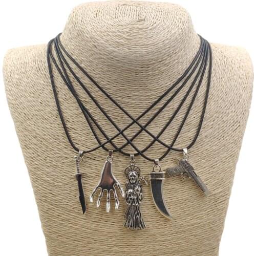 2021 Punk Antique Silver Color Pistol Skeleton Grenade Style Wax Rope Pendant Necklace Rereo High Quality Male Men AV008