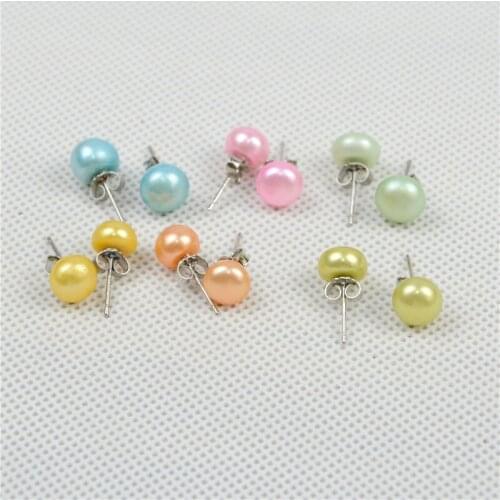 6 Pairs Stud Freshwater Pearl Earrings 7-8mm Pink Green Blue Yellow Beads Ear Stud Earring For Women Girls Wedding Party Jewelry