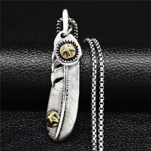 Bohemia Eagle Feathers Stainless Steel Necklaces Men Silver Color Necklace Pndant Jewelry cadenas de acero inoxidab NZZ73S04