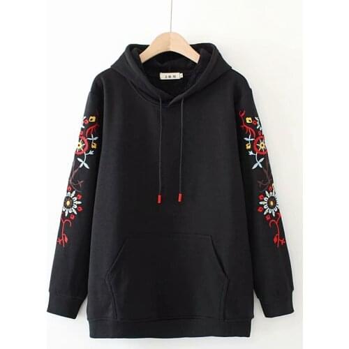 Plus Size XL-4XL Womens Floral Embroidery Hoodies Casual Thicken Hooded Pullover Casual Outwear