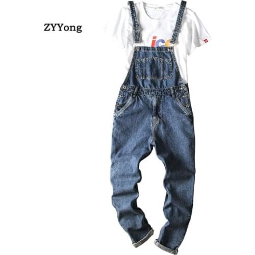 2021 Overalls Men Denim Jumpsuit Pants Full Length Casual Big Pocket Slim Bib Fashion Hip Hop Blue Trousers