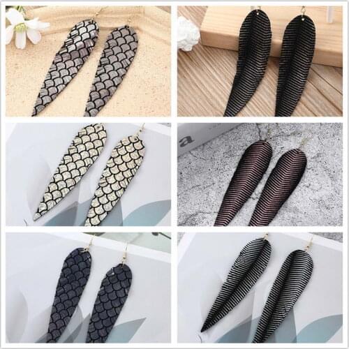 E7719 ZWPON Laser Mermaid Feather Earrings 2020 New Genuine Leather Long Leaf Earrings Women Christmas Gifts Jewelry Wholesale
