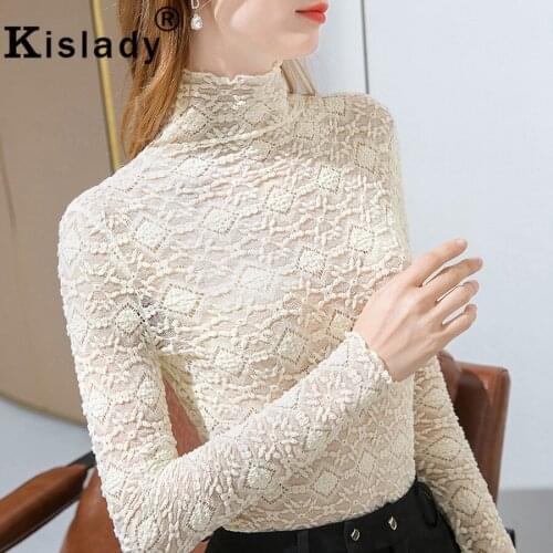 Kislady Winter Turtleneck Patchwork Slim Shirts Long Sleeve Harajuku OL Tops Korean Shirts Sexy Lace Hollow Out Gothic Clothing