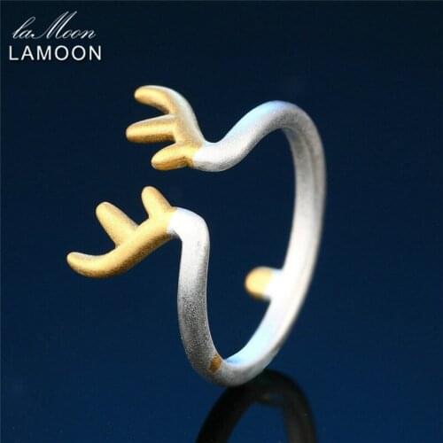 LAMOON Cute Antlers Ring S925 Sterling Silver Adjustable Fine Jewelry Creative Gift Animal Trendy Rings for Women RY015