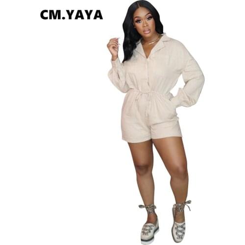 CM.YAYA Women Playsuit Solid Full Sleeve Turn-down Collar Cutton Drawstring Waist Loose Straight Rompers Pockets Overall Summer