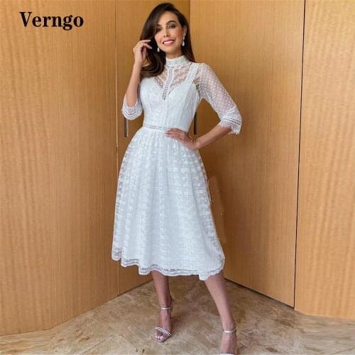 Verngo Modest Dotted Tulle A Line Short Wedding Dresses Half Sleeves Lace High Neck Knee Length Bridal Party Gowns Plus Size