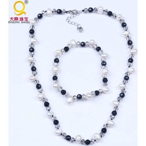 Best match freshwater pearl crystal necklace bracelet jewelry set white cultured rice shape pearl with black glass beads jewelry