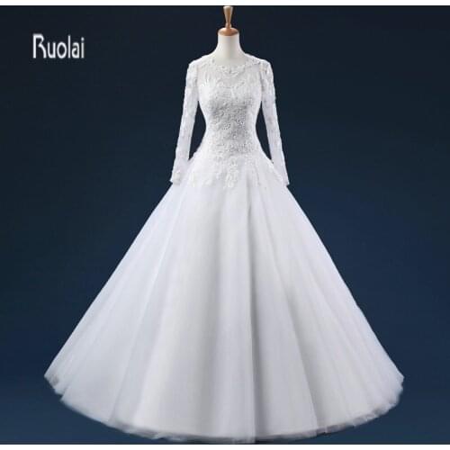 New Charming Long Sleeves Lace Applique Tulle Ball Gown Formal Long Wedding Dresses Custom Made Bridal Gown