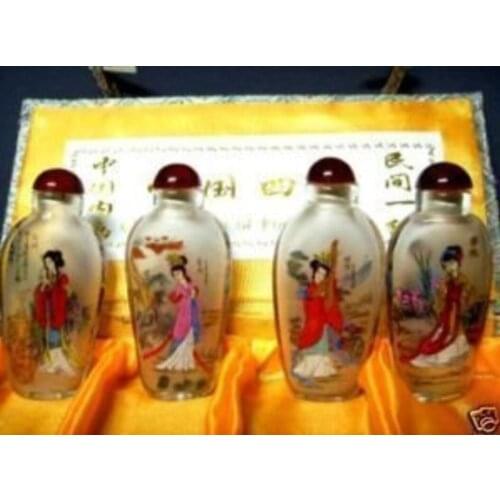 Rare Asian Tibet Inside Painting Chinese 100% hand painting Four Beauty Glass Snuff Bottle Free shipping