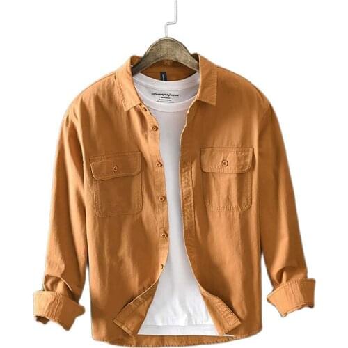 New Fashion Men Casual Shirt Long Sleeve Cotton Shirts Front Pocket Solid Color Clothing