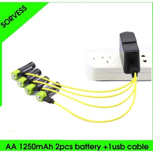 SORVESS 2PC/Set aa Lipo lithium polymer 1250mAh Battery ZNTER Rechargeable 2A 1.5V With Micro Cable Cell For Camera Toys