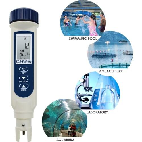 Water Quality Pentype TDS / Salinity / Temperature Tester IP65 Dual Display ppt, ppm, S.G., %, °C, °F Pocket Size