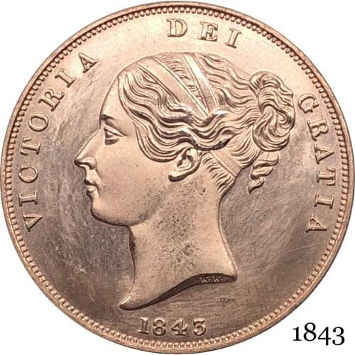 United Kingdom 1843 Victoria 1 One Penny UK Queen Red Copper Copy Coins Great Britain Bronze Portrait Coin With Smooth Edge