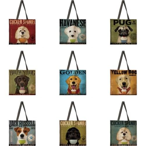 Vintage oil painting dog lady handbag lady handbag lady shoulder bag outdoor beach handbag fashion shopping bag