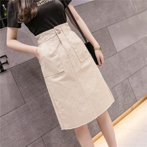 2021 Summer New Fashion Women All-match Solid Color Casual Skirt Big Pockets High Waist Ladies White Washed Denim Skirt aq845