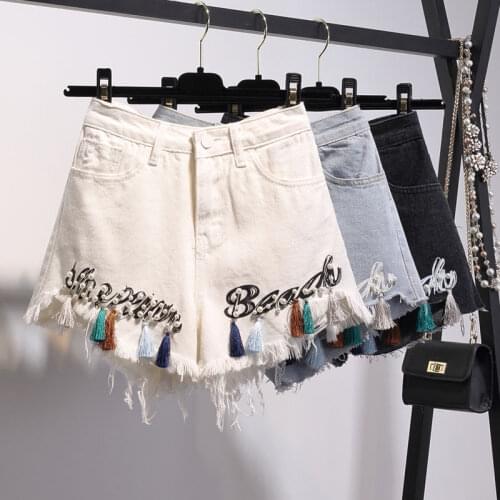 Beaded Denim Shorts Womens Summer 2021 New High-waisted Thin Wide-leg Loose Large Size A Word Hot Pants Trend