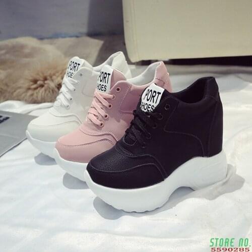 Womens Vulcanize Shoes PU Leather White/Black/Pink Sneakers For Woman Fashion High Heels Chunky Sneakers Female Platform Shoes