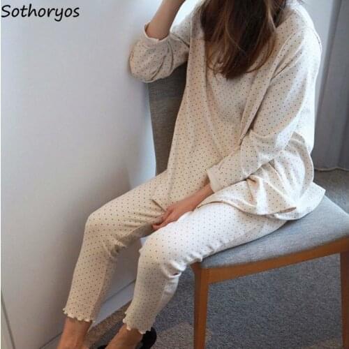 Women Pajama Sets Simple Polka Dot Ruffles Soft O-neck Homewear Female Sweet Lovely Cotton Loose Ins Chic Korean Style Fashion
