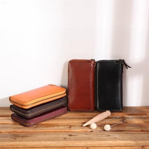 Retro Leather Head Layer Cowhide Hand Long Zipper Womens Wallets Card Holder Hand Fashionable Joker Wallet Long Phone Purse