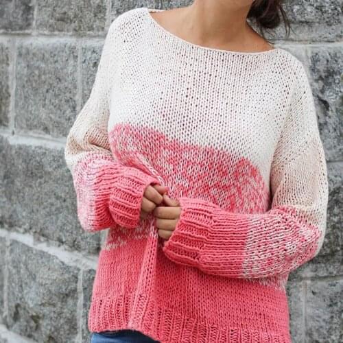 2021 New Ladies Loose Sweater Color Match Loose Long Sleeve Lantern Womens Pullover Round Neck Hook Flower Hollow Female Top