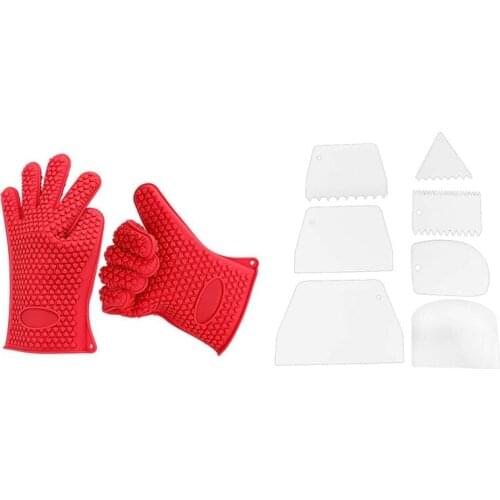 1 Pair Silicone BBQ Cooking Gloves Kitchen Oven Mitts Heat Resistant with 7 Pcs Dough Cake Scraper