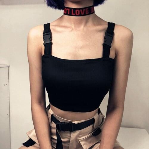 2021 Fashion Women Solid Color Cropped Tank Tops Summer Punk Style Buckle Slim Fit Crop Tops Casual Club Sexy Vest Shirt Female