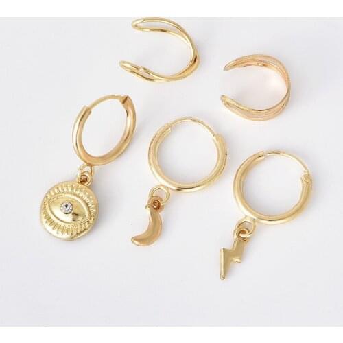 5 PCS Vintage Bohemian Mix Design Small Gold Color Moon Eye Earrings for Women Trendy Piercing Ear Studs Cuff Circle Earring Set