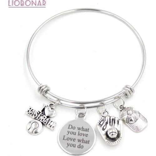 Baseball Jewelry Sport I Love Baseball Bracelet Bangle for Fans Gifts Expandble Stainless Steel Bangle