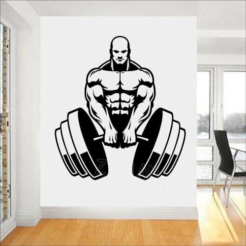 Bodybuilder Barbell Vinyl Wall Decal Man Cave & Adults Bodybuilding Art Stickers Gym Fitness Wall Decor Muscular Man Poster Z619