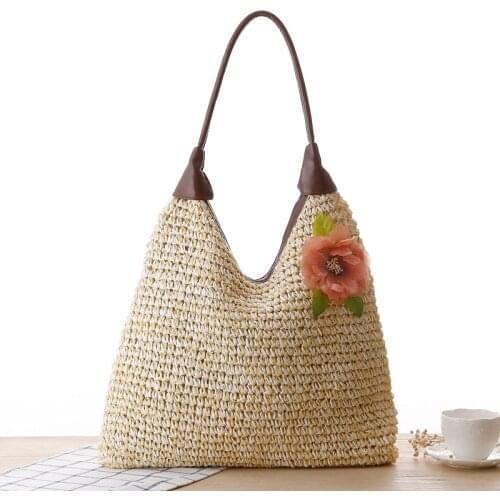 Bohemian Flower Women Shoulder Bags Shopping Bag Rattan Straw Bag Large Capacity Wicker Woven Female Handbags Summer Beach Totes