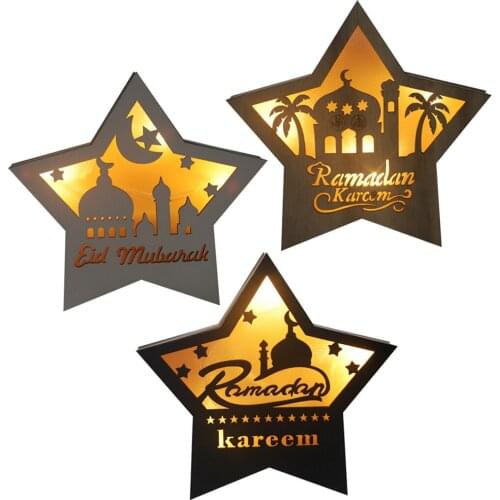 Wooden Islamic Eid Mubarak Ramadan Al-Adha Five-pointed Star with LED Lights Dining Table Decoration Crafts
