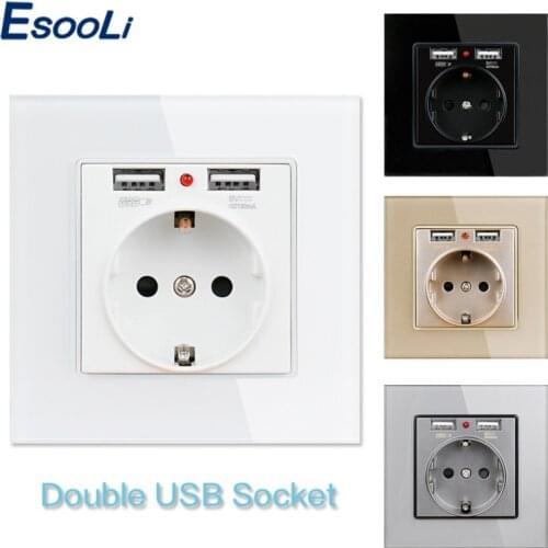 Esooli White Crystal Glass Panel Dual USB Charging Port 2.1A 16A Russia Spain USB Wall Socket EU Power Outlet