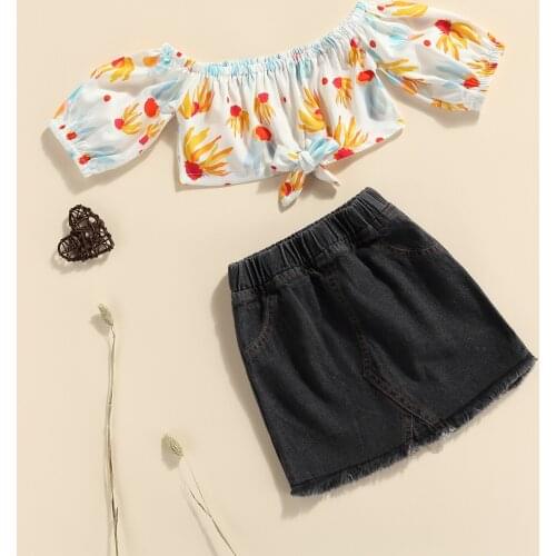 2-7Y Summer Fashion Kids Girls Holiday Clothes Sets Floral Printed Off Shoulder T Shirts Tops Denim Skirts