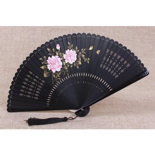 Full Bamboo Chinese Hand Fans Flowers Mini Portable Fan Engraved Openwork Folding Hand held Fan Women Gift