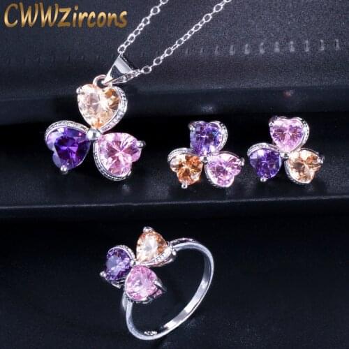 CWWZircons Cute Love Heart Shape Mix Purple Pink Cubic Zirconia Stone Rings Necklace Earrings Fashion Ladies Jewelry Set T329