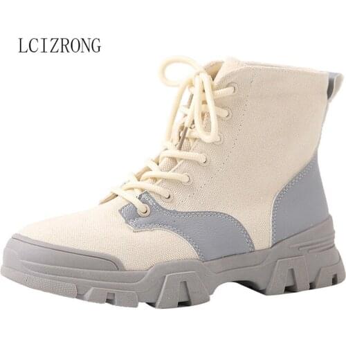 Fashion Contrast Color Casual Womens Boots Autumn New Canvas Girls Short Boot Lace-up Flat Platform Boots Women Shoes