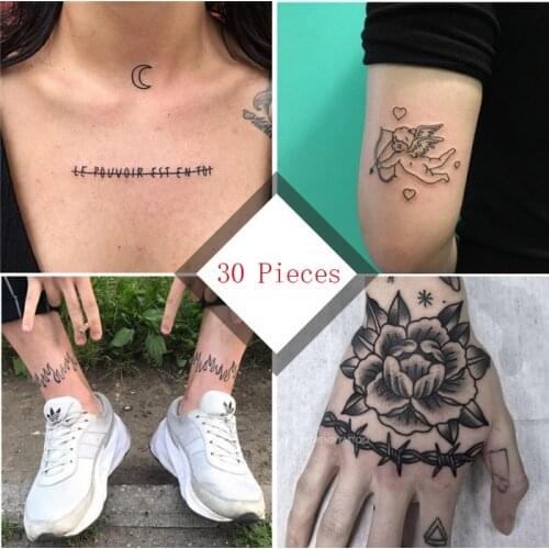 30Pcs Flame Clown Rose Heart Shape NEVER AGAIN English Women Girls Sexy Temporary Tattoo Stickers Waterproof Body Arm Foot Art
