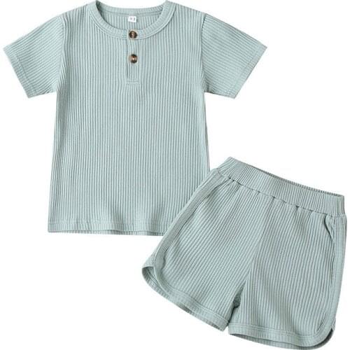 2021 Solid Cotton Kids Pajamas Sets Unisex Boys Clothing Pyjama Trousers Homewear Girls Clothing Tops+Shorts Summer Short Sleeve