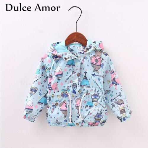 Dulce Amor Autumn Kids Coat Fashion Jacket Children Cartoon Graffiti Hooded Windbreaker Boys Girls Waist Drawstring Outerwear