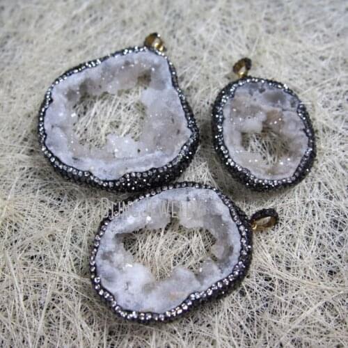 MU150903807 Pave CZ Pendant Crystal Druzy Geode Pendant with clear and Gunblack Toned Rhinestone Pave Cap