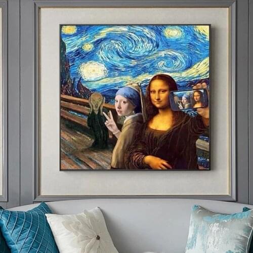 Figure taking selfie Posters And Prints Cartoons Modern Oil painting Wall Art Canvas Painting Pictures Living Room Home Decor