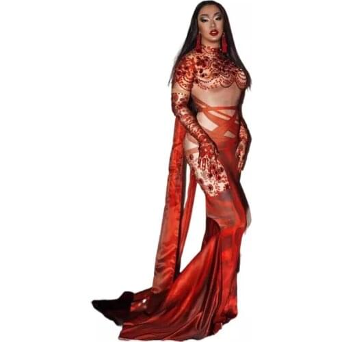 Luxury Red Rhinestone Print Women Slim Mermaid Dress Singer Dance Stage Performance Outfit Evening Party Celebrate Long Dresses