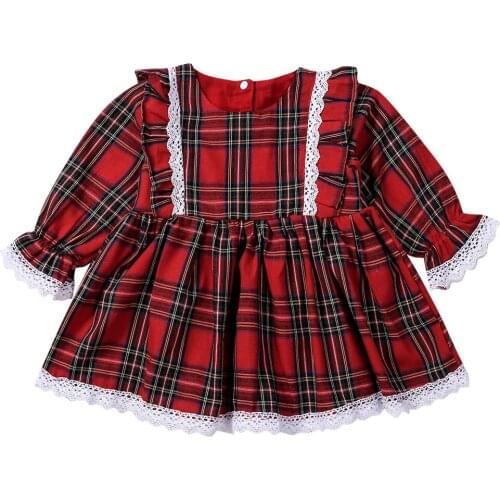 Pudcoco Christmas Baby Girls Plaid Dress Toddler Infant Baby Xmas Clothes Long Sleeve Ruffle Lace Tutu Dress Fall Winter Clothes