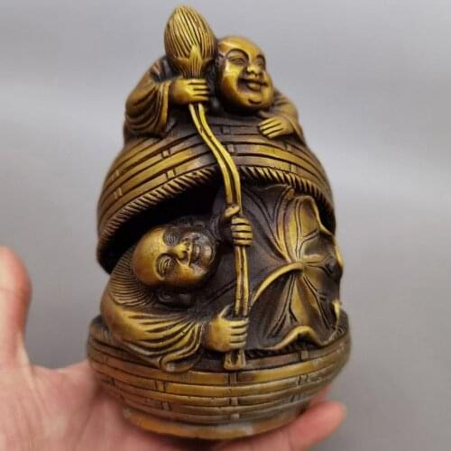 Laughing 2 Happy Buddha Censer Pure Copper Incense Burner Lucky Lotus leaf Ancient Style Signed Decorations Churinga